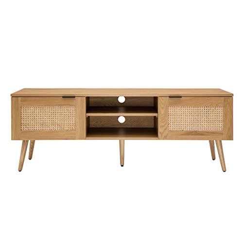 Miliboo Meuble TV Finition Bois Clair, cannage rotin et métal Noir 2 Portes L140 cm Manille