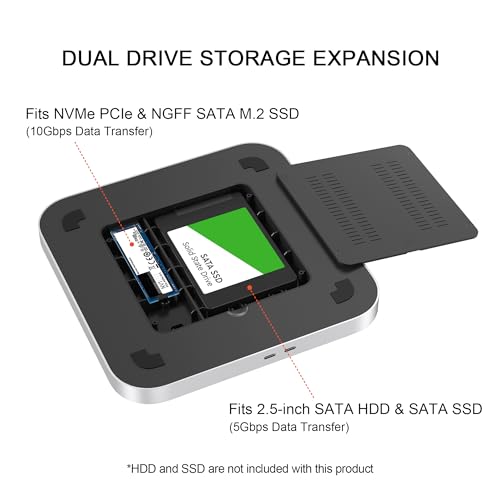 Image of Qwiizlab Mac mini Hub with Dual Drive Enclosure, Docking Station for Mac mini M2 /M1, Mac Studio M3 /M2 /M1, Type-C 10Gbps, Card Readers 104MB /s, Fits M.2 SATA NVMe SSD, 2.5'' HDD SSD (Silver)