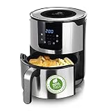 Emerio Heißluftfritteuse, Air Fryer, Smart Fryer, Frittieren ohne Öl, leicht zu reinigen, 5.0L Volumen für die ganze Familie, Edelstahl, 1400 Watt, BPA frei, Digital, 7 Automatik Programme, Silber