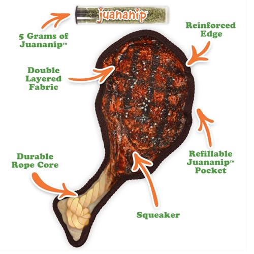 Image of Doggijuana Tomahawk Steak & Grilled Kebab Dog Toy Bundle | 2 Pack, Squeaky | Refillable squeaky plush dog toy + organic calming catnip; eases anxiety, stress & storms; drug-free, hand-harvested