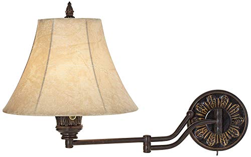 Barnes and Ivy Rosslyn Rustic French Country Swing Arm Wall Lamps Set of 2 Bronze Plug-in Light Fixture Faux Leather Bell Shade for Bedroom Bedside House Reading Living Room Home Dining