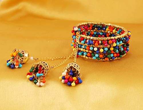 Image of Touchstone Indian Colorful Bead Bracelet Bollywood Beaten Metal Beads Openable Broad Cuff Bracelet in Gold or White Tone for Women.