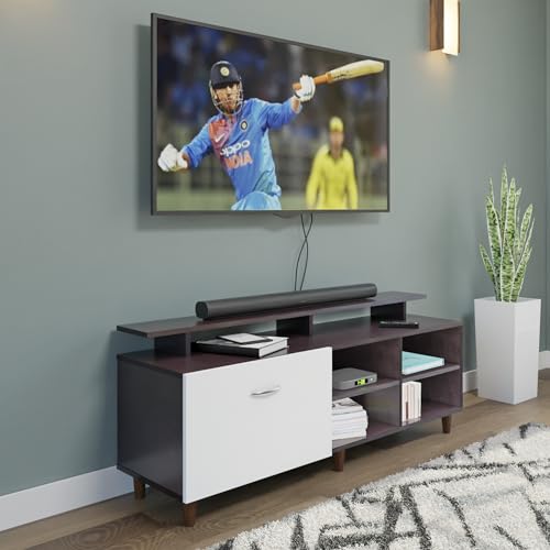Image of VIKI Modern TV Unit for Living Room | Engineered Wood TV Cabinet with 1 Drawer Storage, 2 Open Shelves & Extension, Entertainment Unit, 140W x 48H x 40D cm | DIY | 1 Year Warranty (Wenge & White)