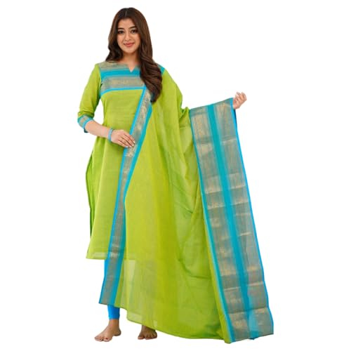 Image of TWINLIGHT Women's Kanchi Cotton Elephant Jaquard Work Kurta and Dupatta Set | V Neck 3 /4 Sleeves Straight Calf Length Kurti with Jaquard Border Work Dupatta | Kurti Set for Women