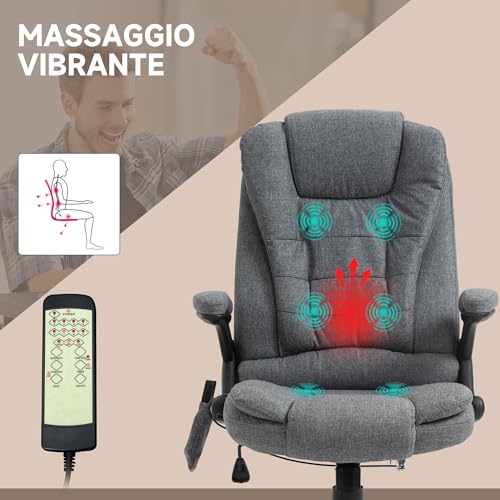 Sedia da Ufficio Massaggiante a 6 Punti Vibrante con Funzione Dondolo e Riscaldata, Poltrona Ufficio Reclinabile con Altezza Regolabile, Telecomando e Tasca Laterale in Tessuto, Grigio - Sedia gaming - Immagine 3
