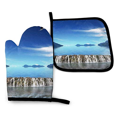 hgdfhfgd Mitones para Horno y Soportes para ollas Conjuntos Guantes para hornos con paisajes Naturales para una Barbacoa Segura Cocinar Hornear Asar a la Parrilla