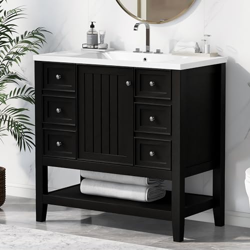Image of Favfurish 36 inch Bathroom Vanity with Ceramic Sink,Undermount Single Basin Bath Vanity Set w /Soft-Close Door and 3 Drawers,Modern Freestanding Storage Cabinet w /Open Shelf,Solid Wood Frame,Black