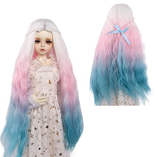 MUZIWIG 1/3 BJD SD Doll Wig, Heat Resistant Doll Hair Wig, Fiber Long Deep Wave Curly Ombre White Pink Blue Doll Hair BJD Doll Wig for 1/3 BJD SD Doll Wig.