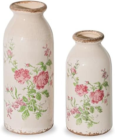 Vase Set of 2, Ceramic Chinoiserie Vases with Floral Motifs, Hand-Painted Crackle Glaze Finish, Vintage Farmhouse Home Decor for Tabletop, Mantel, or Wedding Centerpiece (Pink)