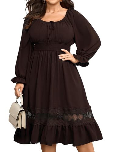 SHESTARR Women's Plus Size Long Sleeve Midi Dress Scoop Neck Smocked Empire Waist A Line Ruffle Hem Lace Trim Flowy Dresses Brown
