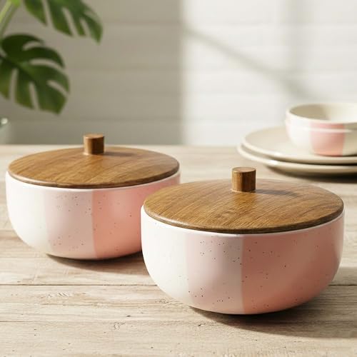 Image of The Earth Store Tritone Pink Matte Ceramic Bowl Set of 2 - 500ML Each with Nob Wooden Lid | Mixing Bowls for Snacks, Rice, Dal, Fruits, Salad Microwave Safe Bowl with Lid Perfect Gifting & Daily Use