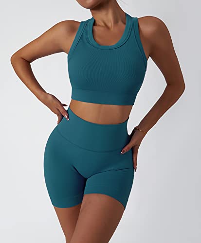 Image of Workout Sets for Women 2 Piece Seamless Ribbed Tank Top Sport Bra High Waist Biker Shorts GYM Yoga Exercise Outfits