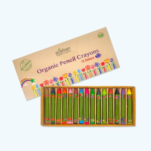 Image of Azafran Organics 15 Non-Toxic Plant-Based Pencil Crayons, For Pre School Kids, Hypoallergenic, No Mineral Oils Or Harmful Chemicals, Multi-coloured
