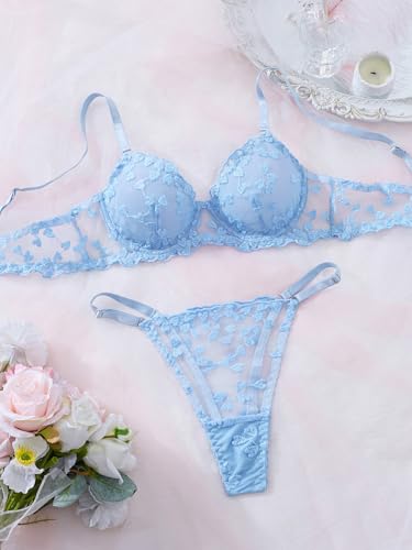 Image of Sexy Floral Embroidered Flower Mesh Underwire Push Up Lingerie Set