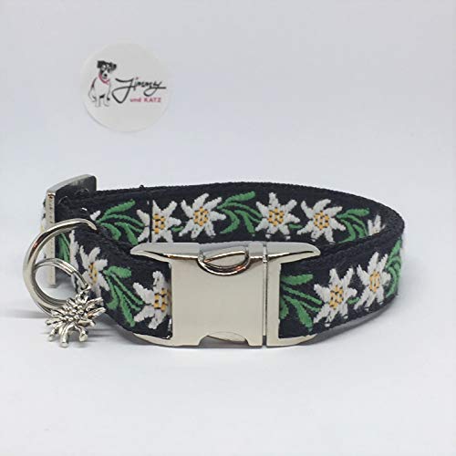 Jimmy und Katz Hundehalsband Edelweiß Blume schwarz 26-40cm x 2cm