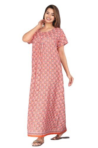 Image of Kuruti B Sheets Cotton Nighty for Women Jaipuri Print 2 Button Round Neck Short Sleeve Night Gown | Maxi Dress