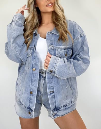 Kedera Women's Oversized Jean Jacket Long Blue Denim Jacket Long Sleeve Button Down Trucker Jacket Shacket Fall Coats2