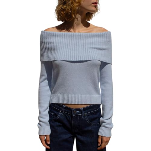 Image of Women Off Shoulder Long Sleeve Sweater Y2K Ribbed Knit Pullover Solid Crop Top Going Out Boat Neck Blouse