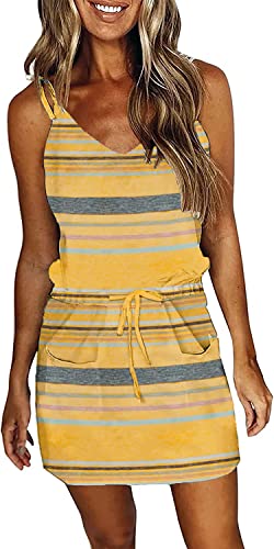 Womens Summer Trendy Striped Dresses Sleeveless Halter Strap Mini Dress with Pockets
