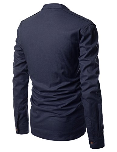 NEARKIN (NKNKN351 Henley Neck Light Weight Chinese Collar Cool Linen Shirts Navy US XXXL(Tag Size 3XL) - Thumbnail 5