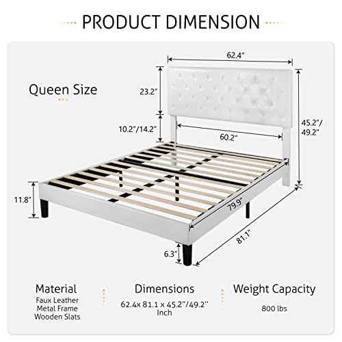 Image of SHA CERLIN Queen Size Bed Frame with Button Tufted Headboard, White | Faux Leather Upholstered Mattress Foundation, Platform Bed Frame, Wooden Slat Support, No Box Spring Needed