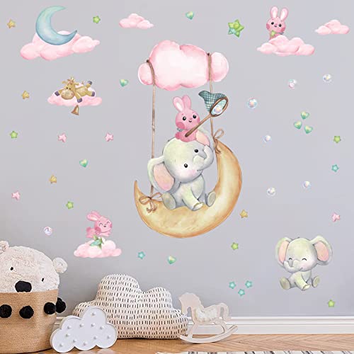 ANHUIB Autocollant Muraux Animal,Sticker Mural étoiles et Nuages,Sticker Muraux Animaux de Chambre Fille,AUtocollant Mural éléphant,Rose Stickers Mural pour Chambre de D'enfant/Bébé Salon Décoration