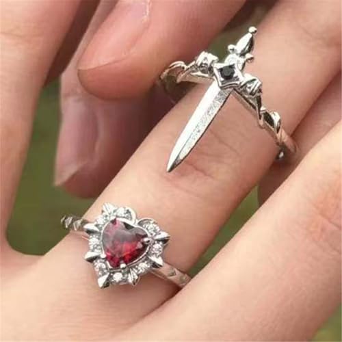 OSNIYAW Lot de 2 bagues gothiques avec épées d'amour - Design unique - Ouverture réglable - Bijoux tendance pour couples et amoureux - Accessoires gothiques tendance, Red, Comme décrit, Comme décrit. – vue 9