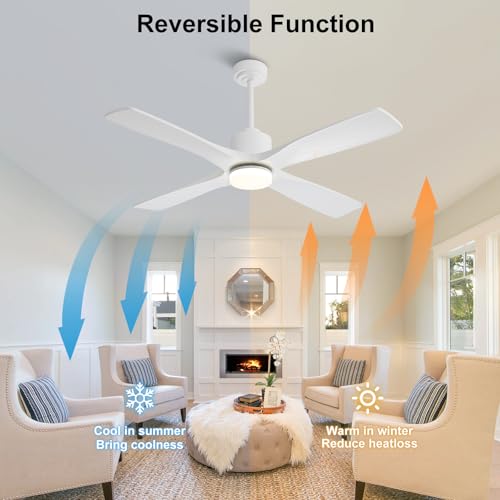 Image of LEDLUX 48 inch Ceiling Fans with Lights -Modern Ceiling Fan with Light, 6-Speed Remote, 4 Solid Wood Blades, Quiet DC Motor, for Bedroom, Living Room, Outdoor, White