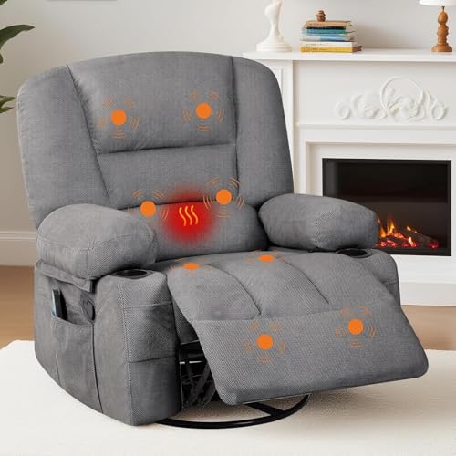 Image of Oversized Manual Swivel Recliner Chair for Adults, 360 Swivel Rocker Glider with Vibration Massage & Heat, Extra Wide Chenille Fabric Lazy Chair for Living Room Bedroom, Dark Gray Chenille