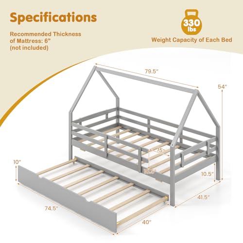 KOMFOTT Twin Size House Bed with Trundle, Wood Bed Frame with Safety Rails & Roof, House Platform Bed Frame for Kids, Teens, No Box Spring Needed Montessori Bed for Playroom (Grey)