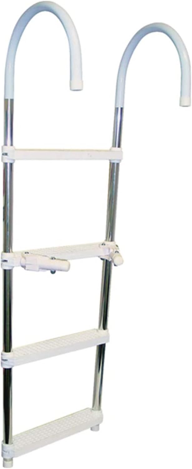 Marine Pontoon Boat 4 Step Folding Boarding Aluminum Ladder, White Speed Boat Ladder with Gunwale Hook & Plastic Steps for Fishing Boat Canoeing/Kayak/Motorboat, Loads 200kg