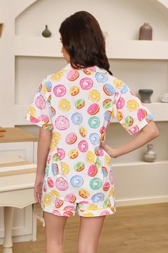 Image of LUBOT 100% Cotton Women's Pajamas Set Button-Down Two-piece PJ Set Short Sleeve Printed Patterned Summer Sleepwear Loungewear (Donuts, XL)