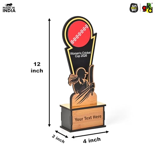 Image of GKD Wooden Cricket Trophy for Winners - Women's Cricket Cup Memento for Tournaments, Corporate Events & School Competitions | Self-Customizable with Stickers ((Women 12 Inch)