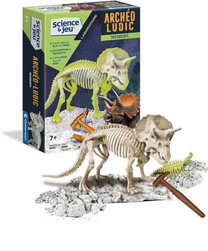 Clementoni | Archéo Ludic Tricératops pour Enfants 7 Ans+ | Kit Paléontologie Bloc de Fouille Fossiles à Assembler | Squelette Phosphorescent | Marteau Burin Carte |...