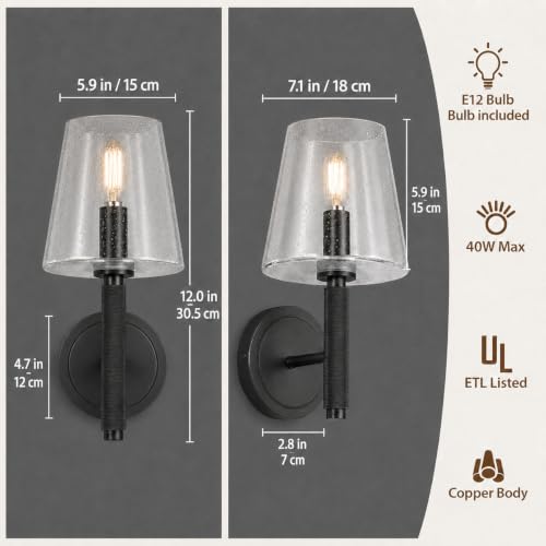 Image of 12 inch Knurled Black Wall Sconces Set of 2,Vintag Bathroom Vanity Light Fixtures with Clear Seeded Glass Shade,Hardwired Lamp Lighting for Bedroom,Living Room,Hallway,Staircase,Mirror