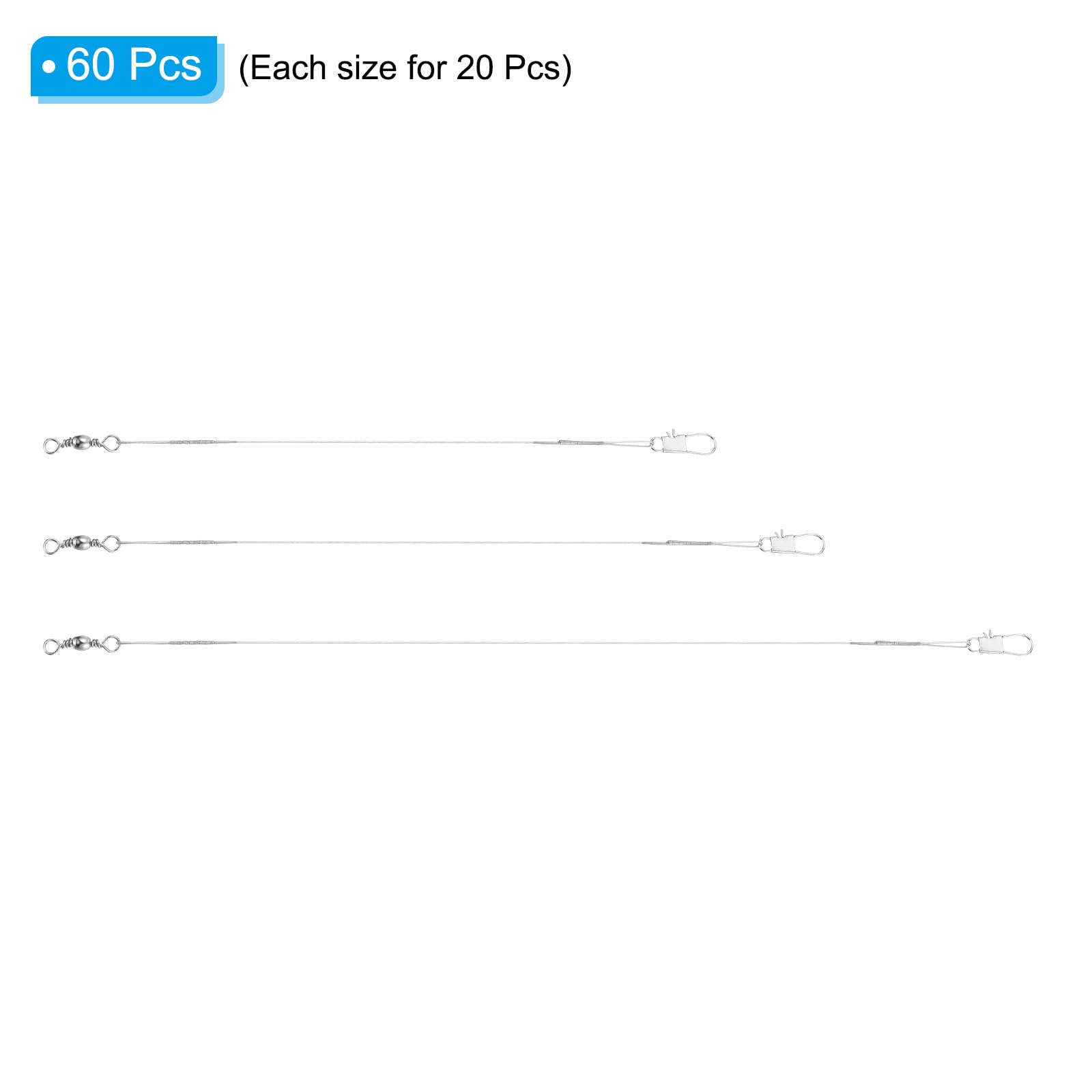 PATIKIL Fishing Wire Leaders 6" 8" 12", 60Pcs 30LB Strength Nylon-coated Fishing Line Leaders with Swivel and Snap for Saltwater Freshwater, Silver Tone - Image 3