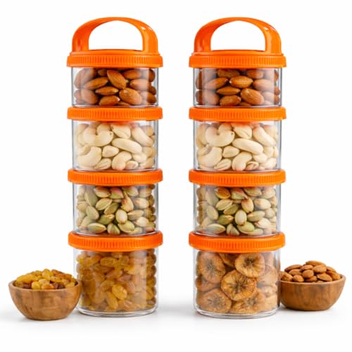 Image of GROB StackIt 4-Layer Stackable Snack Container with Handle | Airtight Food Storage Jar | Multipurpose Dry Fruit, Biscuit & Namkeen Box | BPA Free Plastic | Travel & Kitchen Storage (Pack 2)