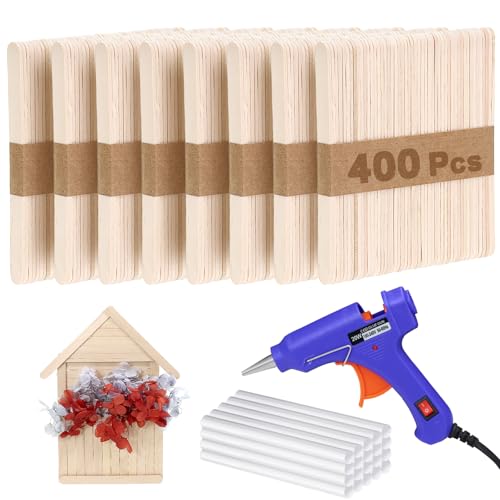 400PCS Wooden Craft Sticks Kits, 4.5 inch Natural Popsicle Wood Sticks with Hot Glue Gun and Sticks for Ice Pops Waxing Hair Removal and Wax Supplies Classroom DIY Paint Craft Project Tongue Depressor