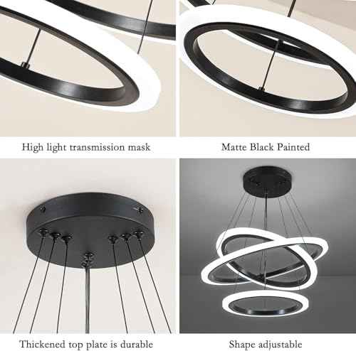 Image of Manraj Modern LED Chandelier, Acrylic 3-Ring Design, Ring Flush Mount Chandelier with Adjustable Hanging Cord Pendant Light Fixture, for Dining Living Room Bedroom (Black)