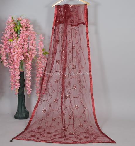 Dupatta for Women/Girl Soft Light weight Embroidered with Sequins Set of 2 Net Chunni/Dupatta/Neck Scarf Burgundy 85x44 Inch - 2 Piece2