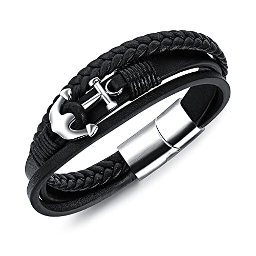 Ategazza Herren Lederarmband in Schwarz mit Anker-Symbol Edelstahlverschluss 21,5 cm GB503