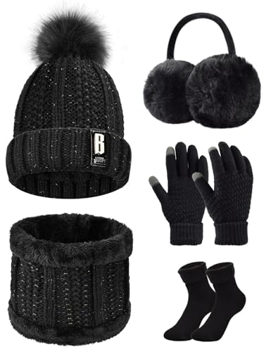 Tuopuda Knitted Hat and Scarf Set 5 PCS Winter Set Plush Ear warmers Warm Knitted Scarf Beanie Hat and Touch Screen Gloves Set Women Thermal Socks for Skiing Hat Outdoor Sports(Black-Gift Pack)