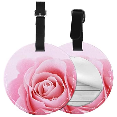 Beautiful Pink Rose Round Leather Luggage Tags, Set of 2 Pretty Flower Suitcases Identifiers Tags with Privacy Cover Id Card Travel Baggage Name Label for Women Girls, Gifts for Valentine's Day Cover