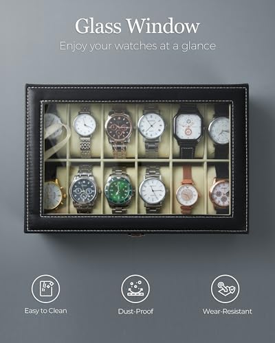 Ohuhu Watch Organizer, 12 Slot Watch Box PU Leather Real Glass Lid, Watch Display Case Holder Storage Box Soft Velvet Jewelry Box for Men Women Birthday Gift (Beige)