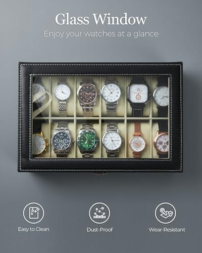 Ohuhu Watch Case 12 Slot PU Leather Real Glass Lid Watch Box Watch Holder Organizer Display Storage Box Soft Velvet Jewelry Box for Men and Women Birthday Fathers Day Valentine's Day Gifts