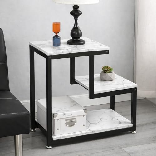 Image of 3 Tier Sofa Side Table, Modern Coffee Table Nightstands with Metal Frame and White MDF Desktop for Living Room Bed Room Decor (Black White)