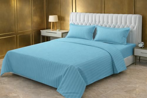 Image of Prozone Premium Satin Stripe Double Bedsheet with 2 Pillow Covers | Soft & Luxury Hotel Style Bedding for Double Bed (Jazzy Blue)