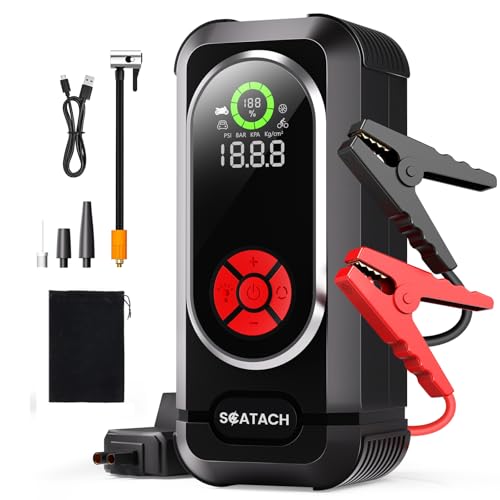 6000A Jump Starter with Air Compressor Car Battery Jump Starter Portable (10.0 Gas/10.0L Diesel) 150 PSI 12V Car Battery Jump Box with Tire Inflator Jumper Cables LED Light LED Display