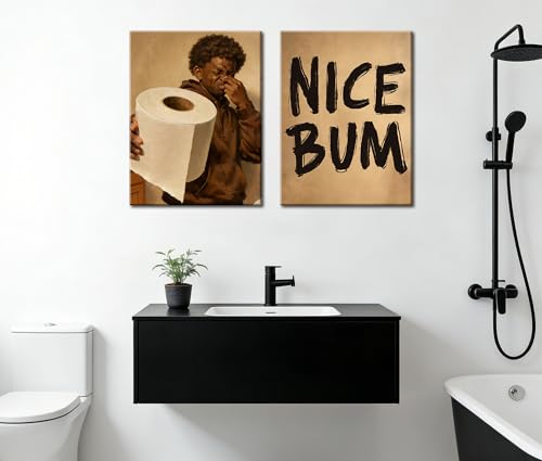 Image of Frimeeme Funny Bathroom Canvas Wall Art Set of 2, 12x16, Framed | African American Decor Print, Black Man Wall Art, Ready to Hang
