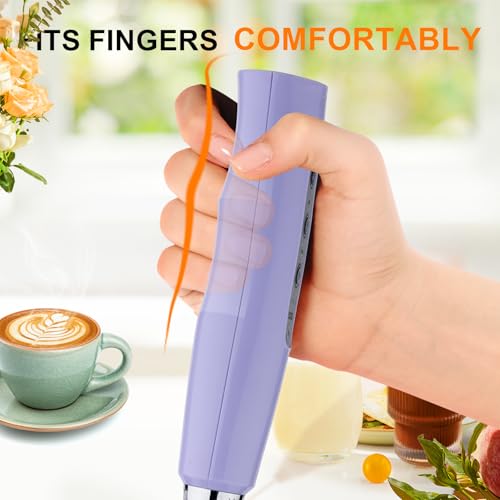 Image of YUSWKO Light Purple Handheld Milk Frother Wand for Coffee, Rechargeable Electric Whisk with 3 Heads 3 Speeds Drink Mixer Coffee Frother For Latte, Cappuccino, Hot Chocolate, Egg